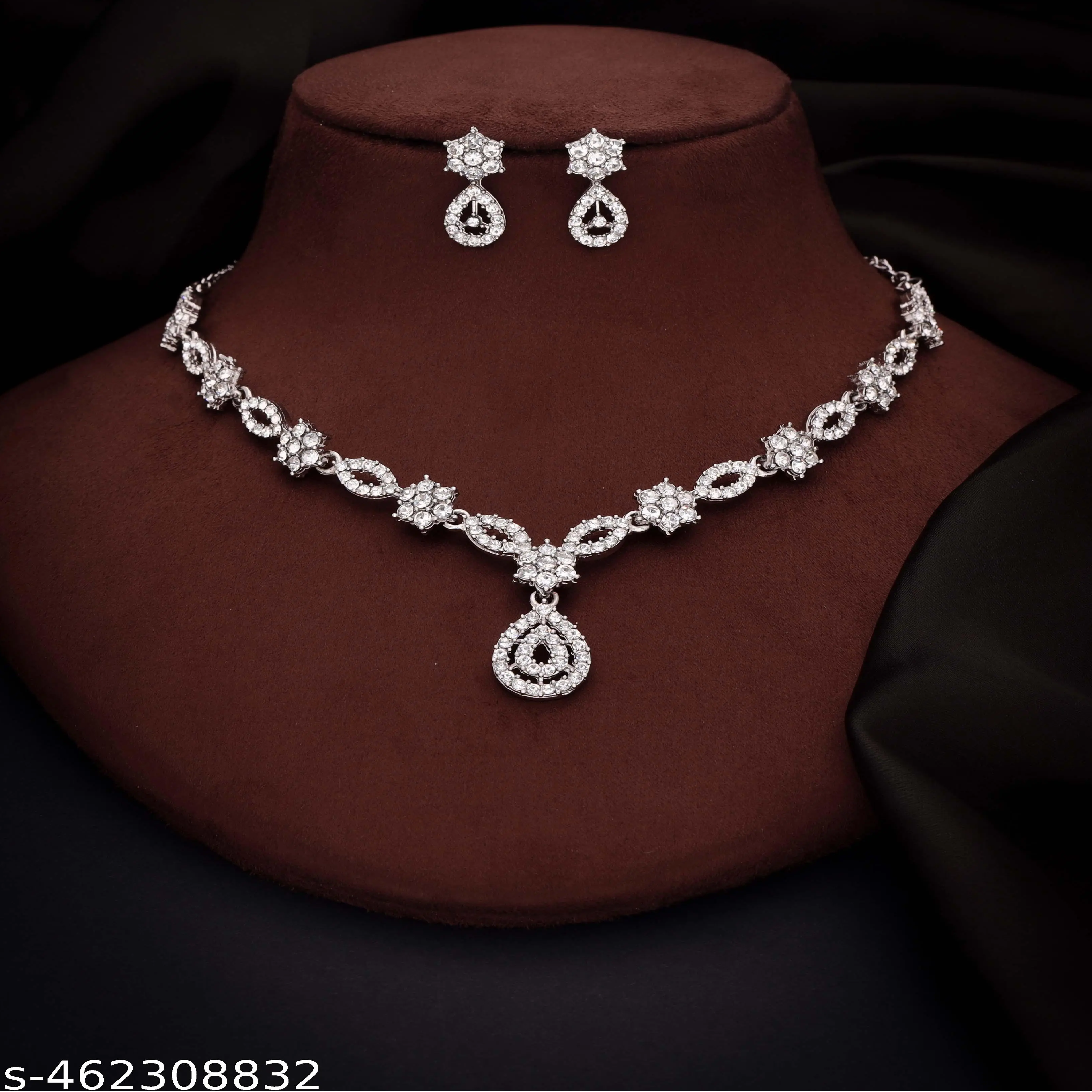 Silver Plated With American Diamond Necklace Set For Women